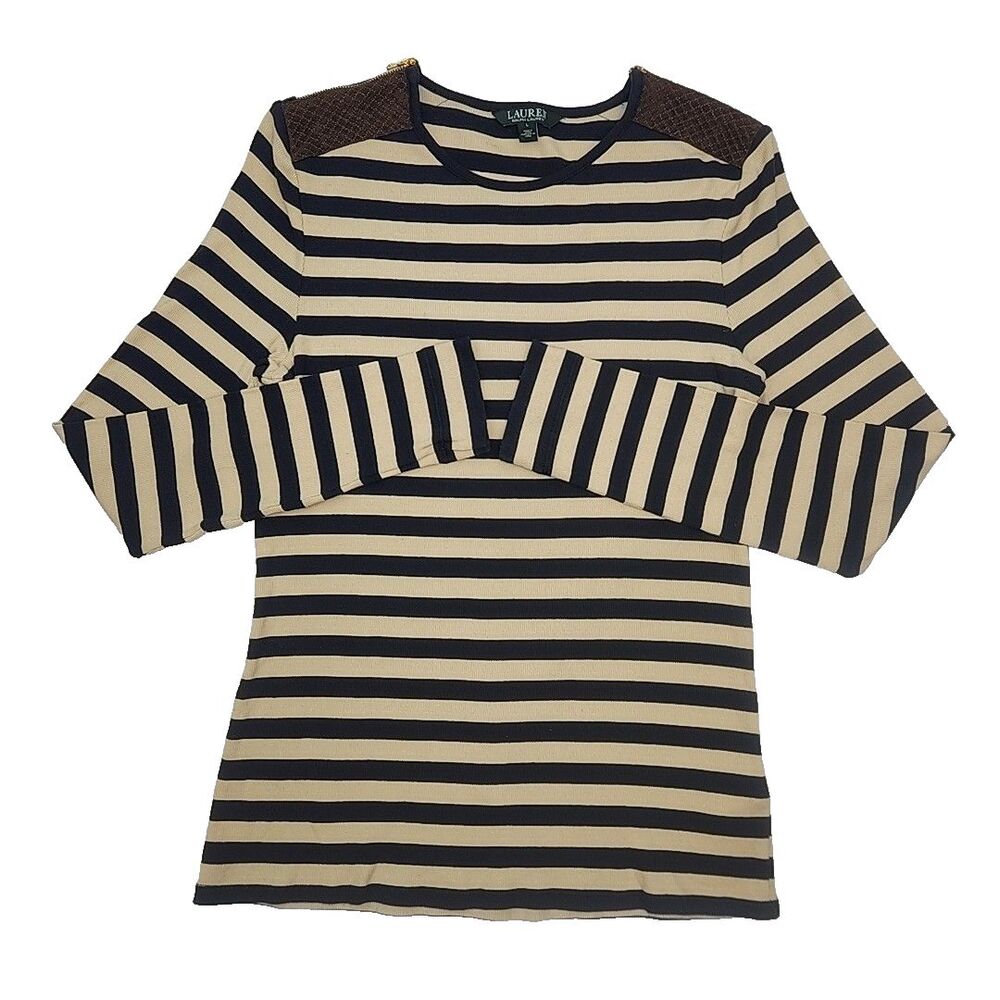 Ralph Lauren Shirt Ribbed Knit Blue Ivory Stripe Long Sleeve Zipper Women Large